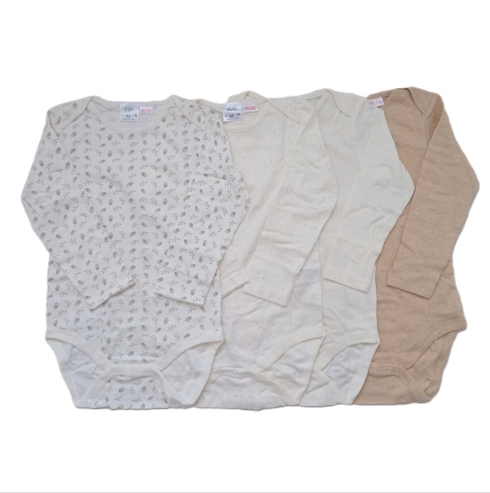 NWOT Zara Boy Girl Cotton Cream Tan Onesie Footie Bodysuits Lot of 4 Sz 2-3 Yrs